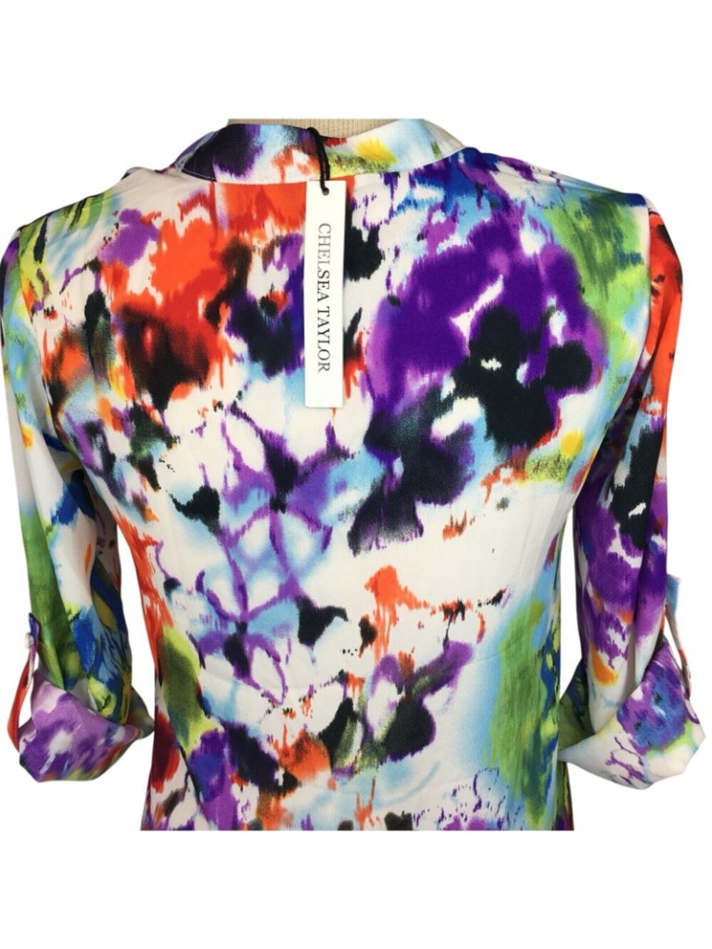 Chelsea Taylor Womens Top Small Watercolor V-neck Tab Sleeve Hi Low Hem Colorful - Picture 8 of 11